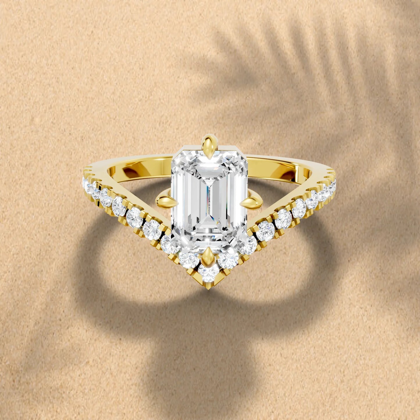 14K Gold Emerald Cut Diamond V Shape Engagement Ring with Side Accents