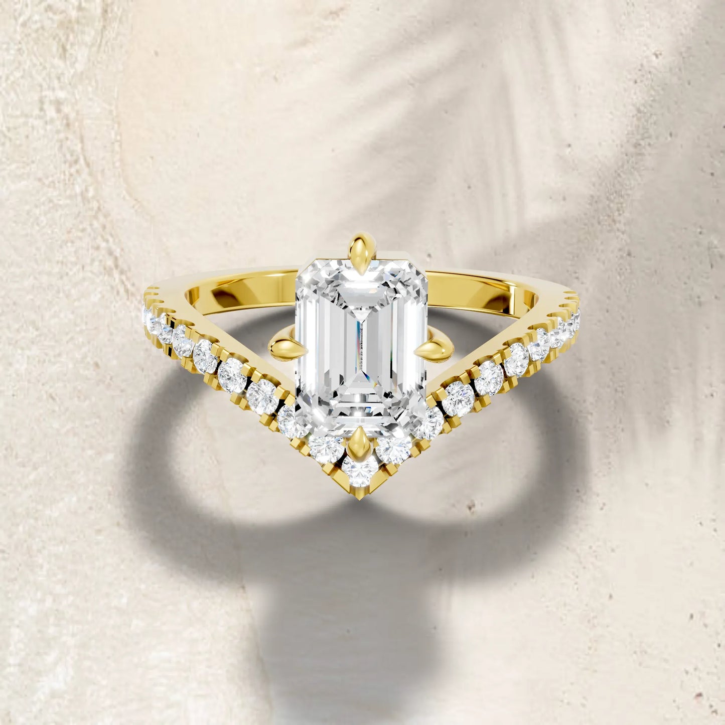 14K Gold Emerald Cut Diamond V Shape Engagement Ring with Side Accents