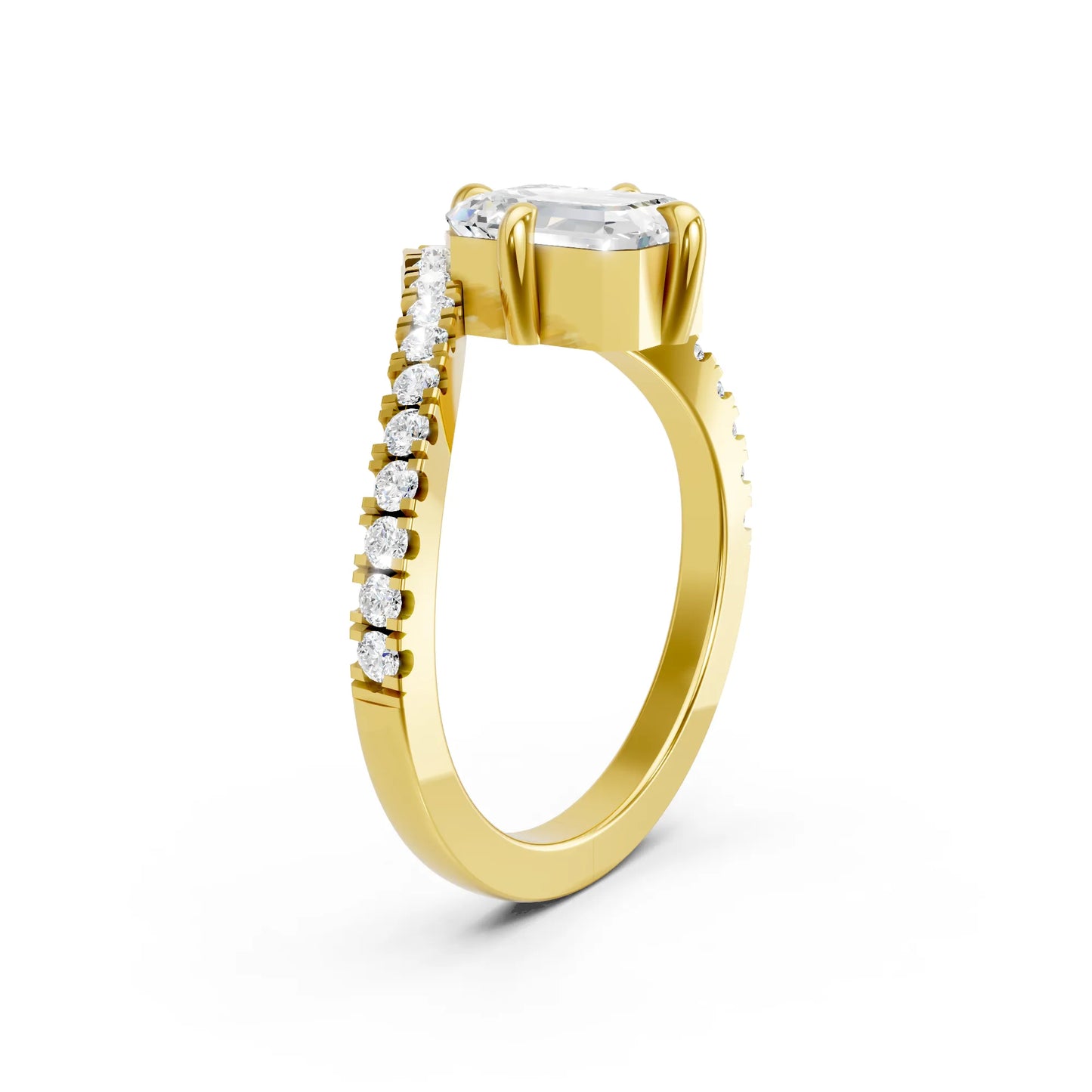 14K Gold Emerald Cut Diamond V Shape Engagement Ring with Side Accents