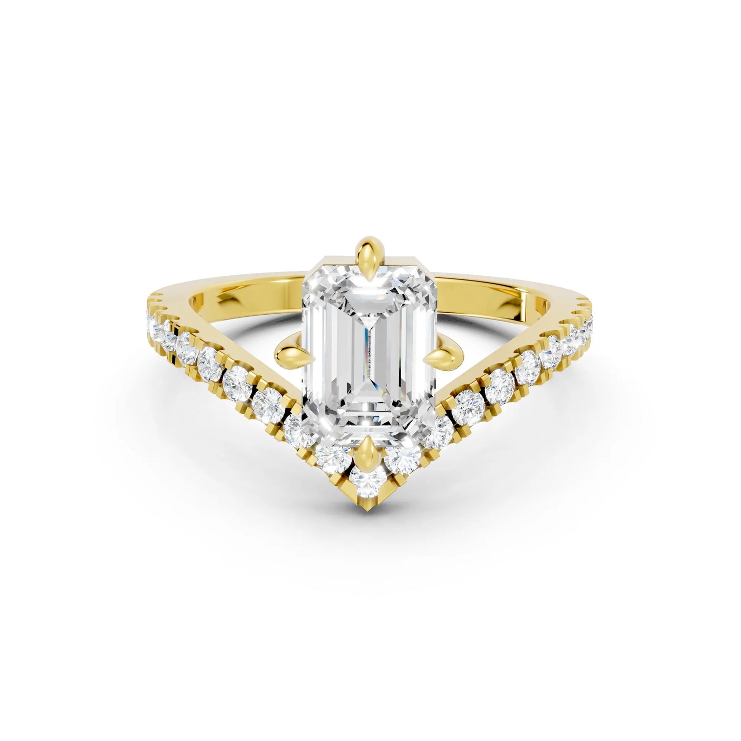 14K Gold Emerald Cut Diamond V Shape Engagement Ring with Side Accents
