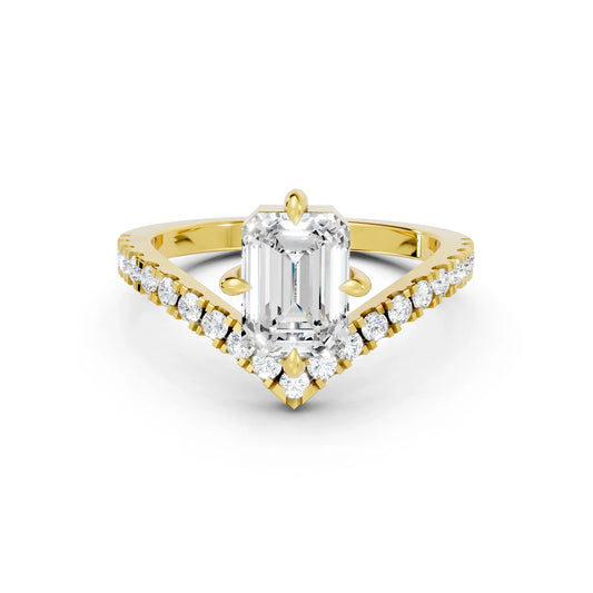 14K Gold Emerald Cut Diamond V Shape Engagement Ring with Side Accents