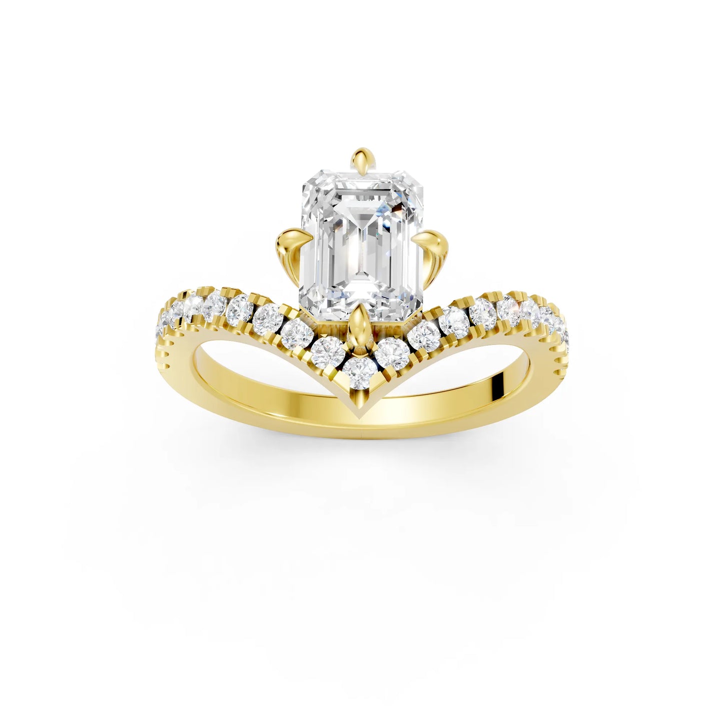 14K Gold Emerald Cut Diamond V Shape Engagement Ring with Side Accents