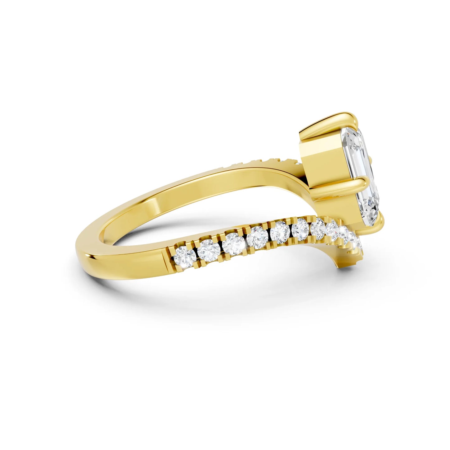 14K Gold Emerald Cut Diamond V Shape Engagement Ring with Side Accents