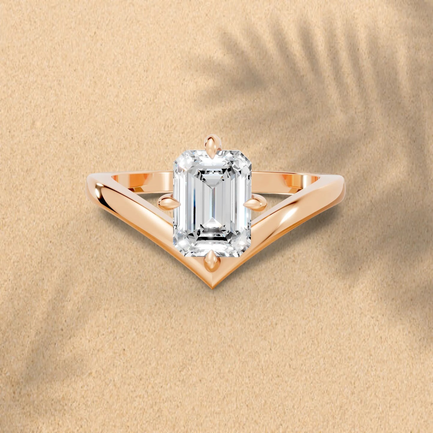 14K Gold Emerald Cut Diamond V Shape Engagement Ring