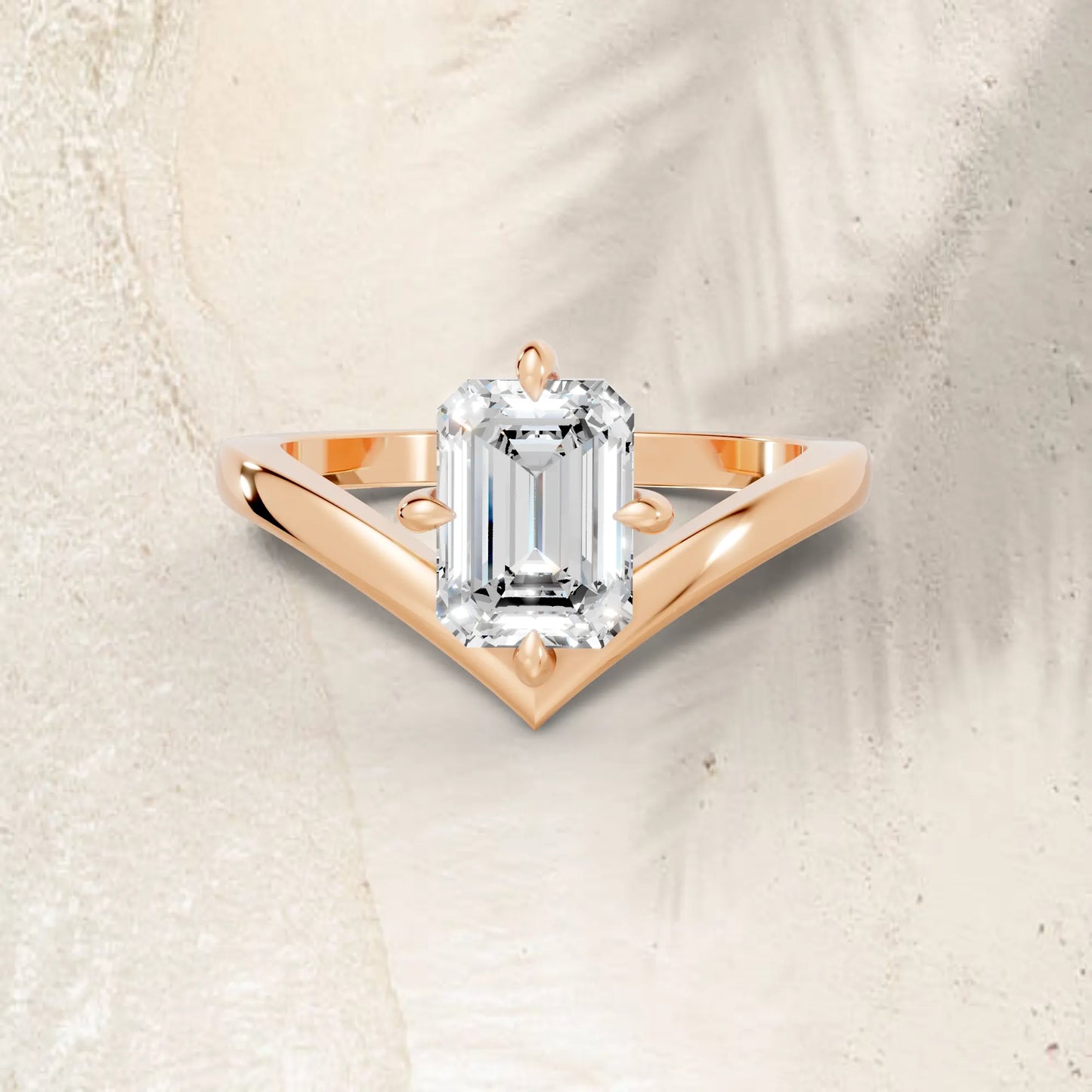 14K Gold Emerald Cut Diamond V Shape Engagement Ring