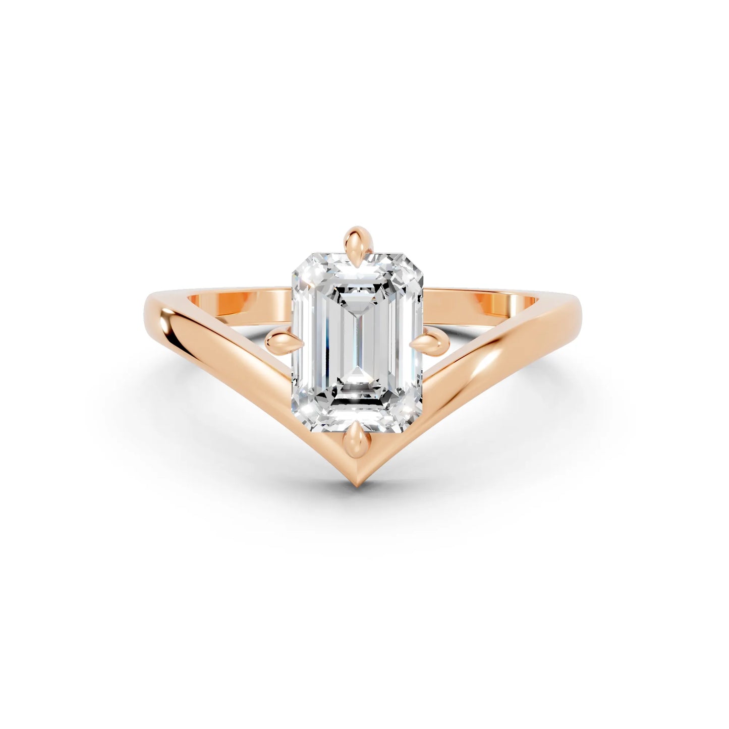 14K Gold Emerald Cut Diamond V Shape Engagement Ring