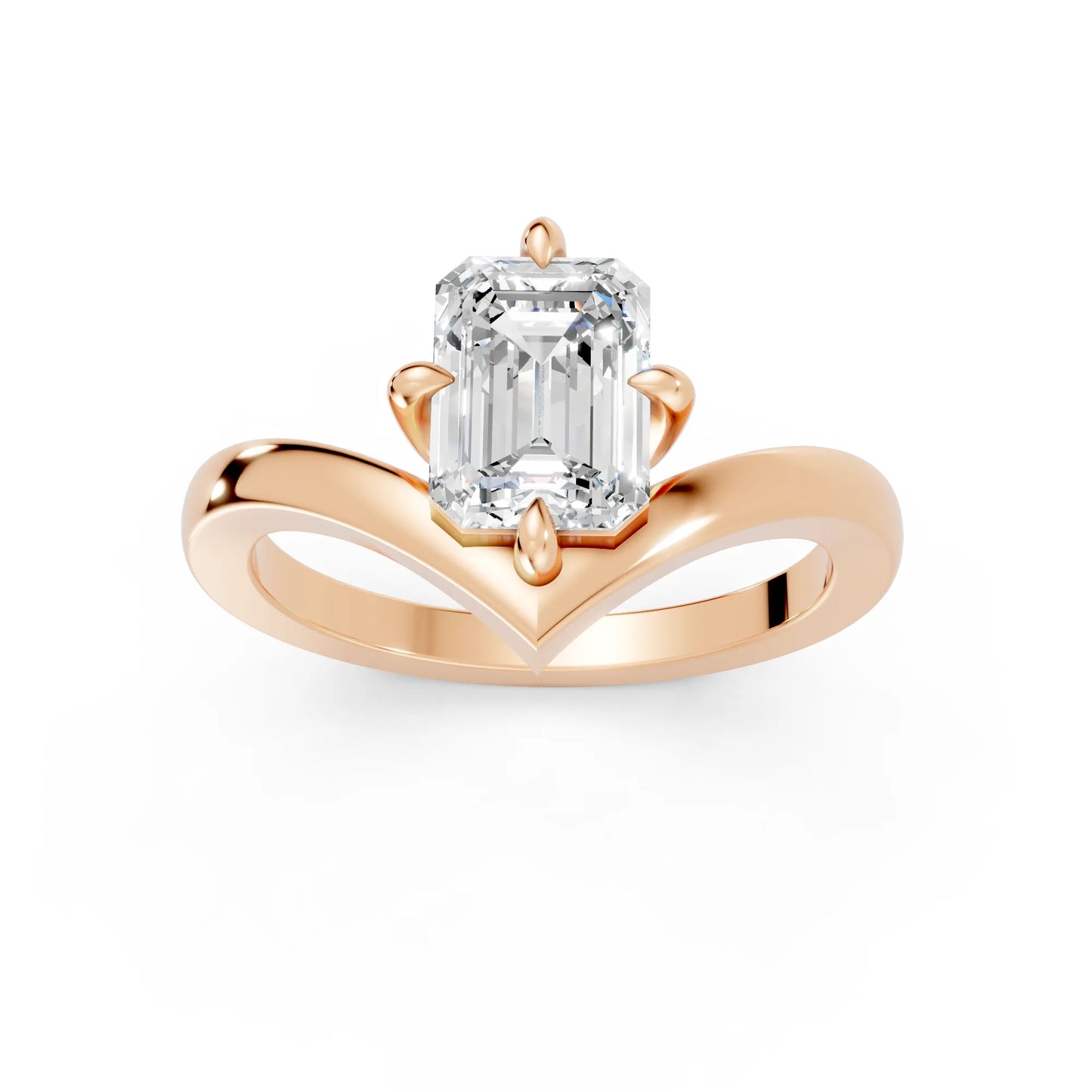 14K Gold Emerald Cut Diamond V Shape Engagement Ring