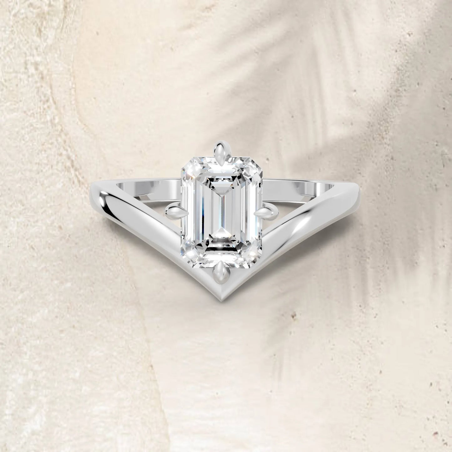 14K Gold Emerald Cut Diamond V Shape Engagement Ring