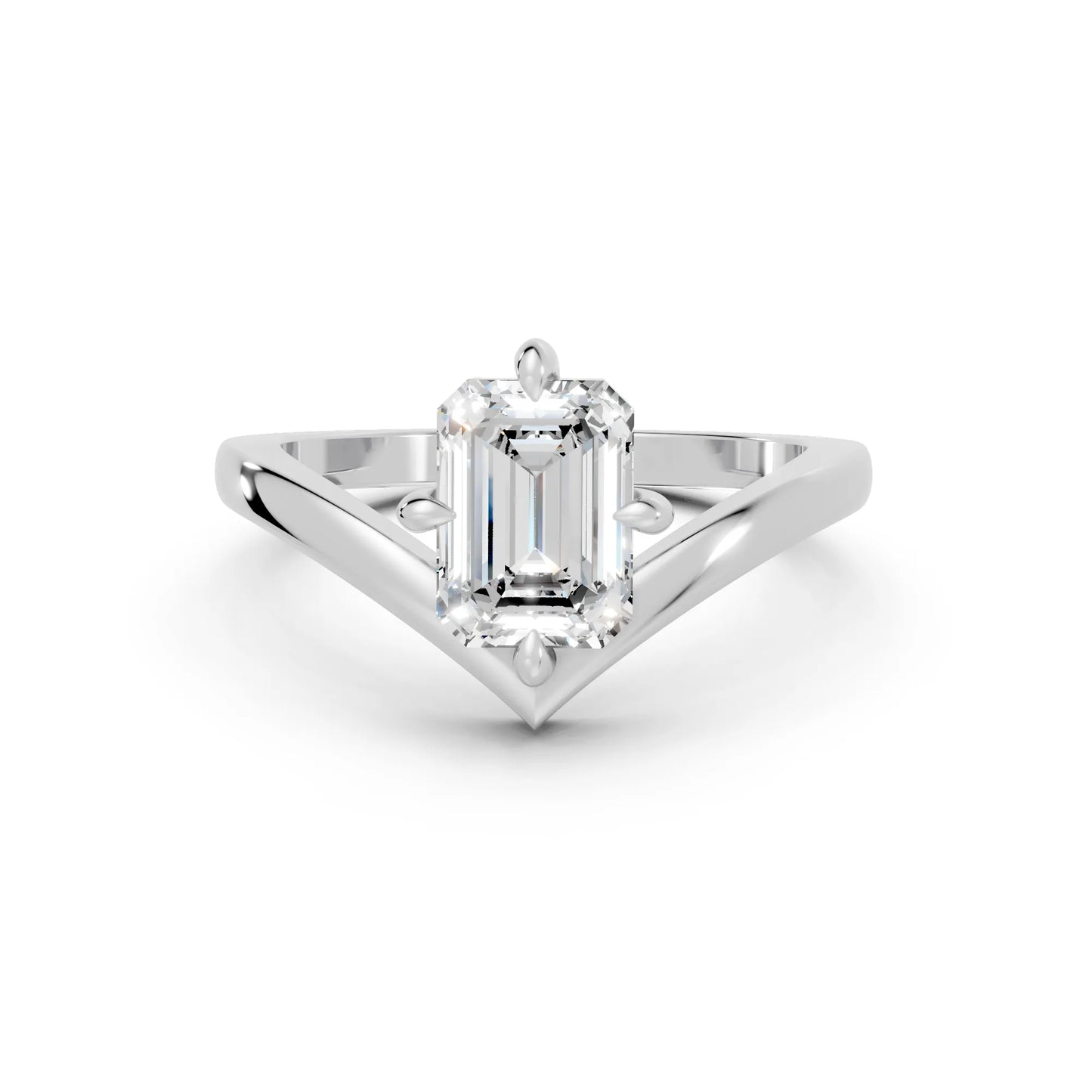 14K Gold Emerald Cut Diamond V Shape Engagement Ring
