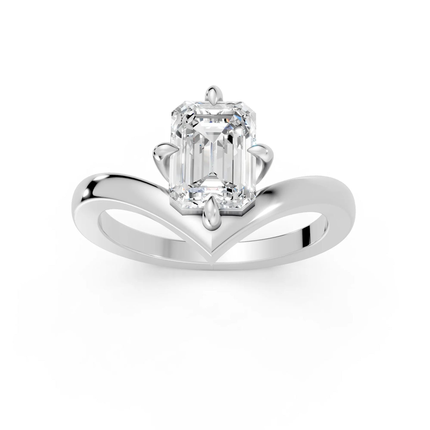 14K Gold Emerald Cut Diamond V Shape Engagement Ring