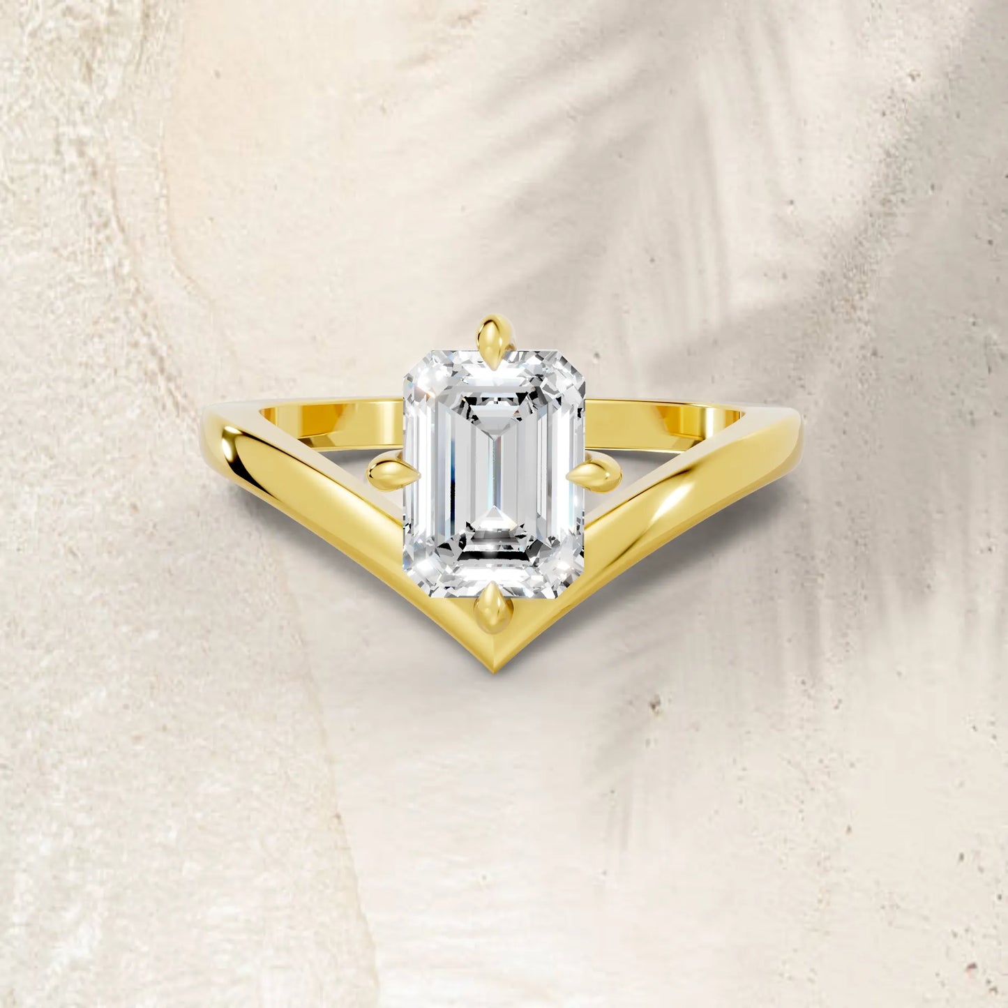 14K Gold Emerald Cut Diamond V Shape Engagement Ring