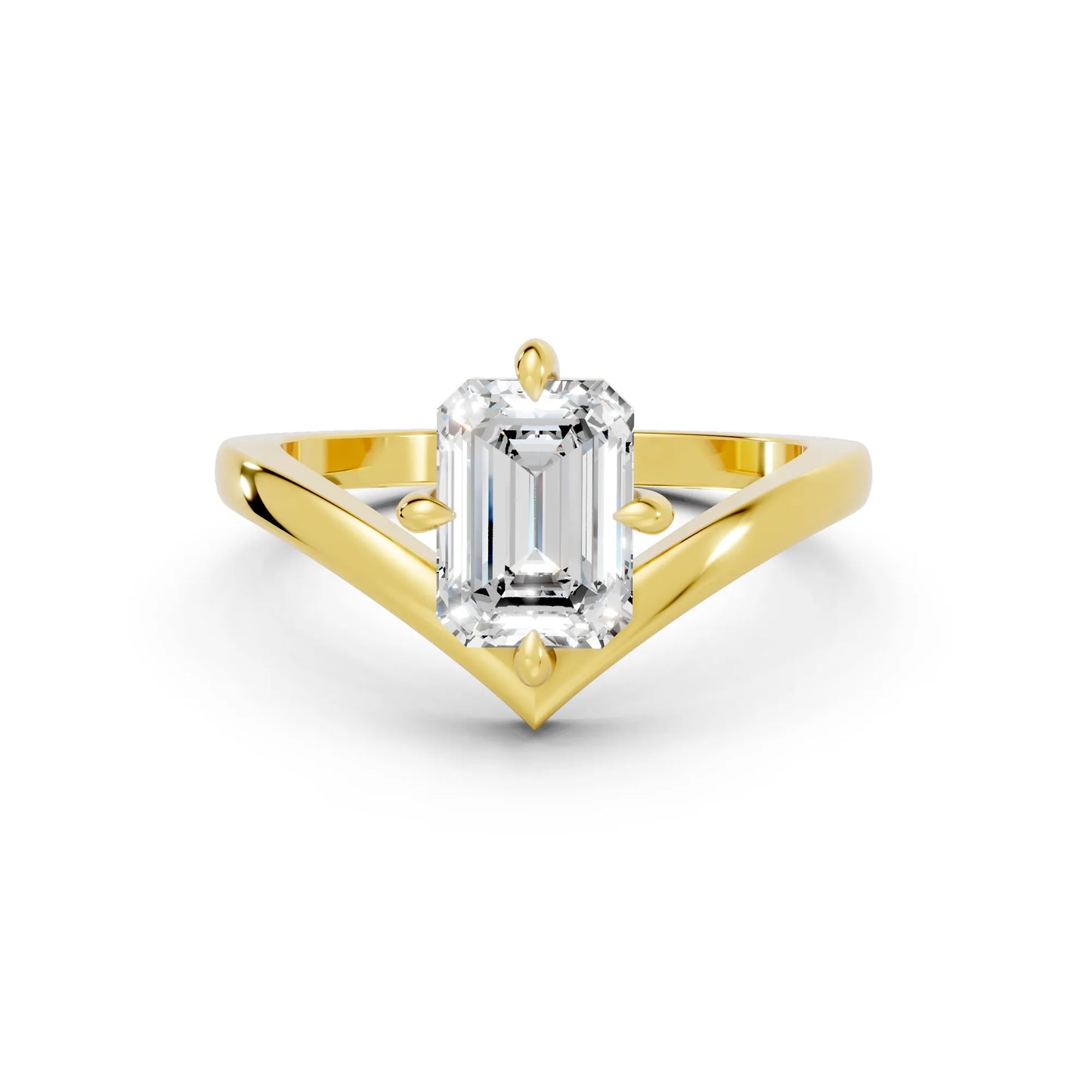 14K Gold Emerald Cut Diamond V Shape Engagement Ring