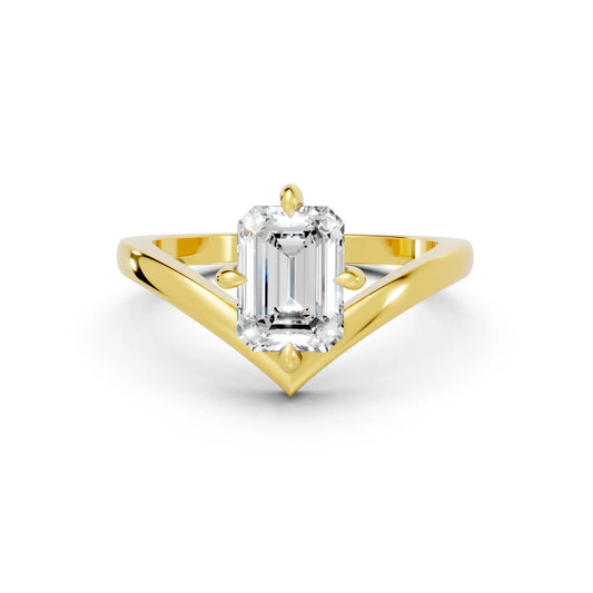 14K Gold Emerald Cut Diamond V Shape Engagement Ring