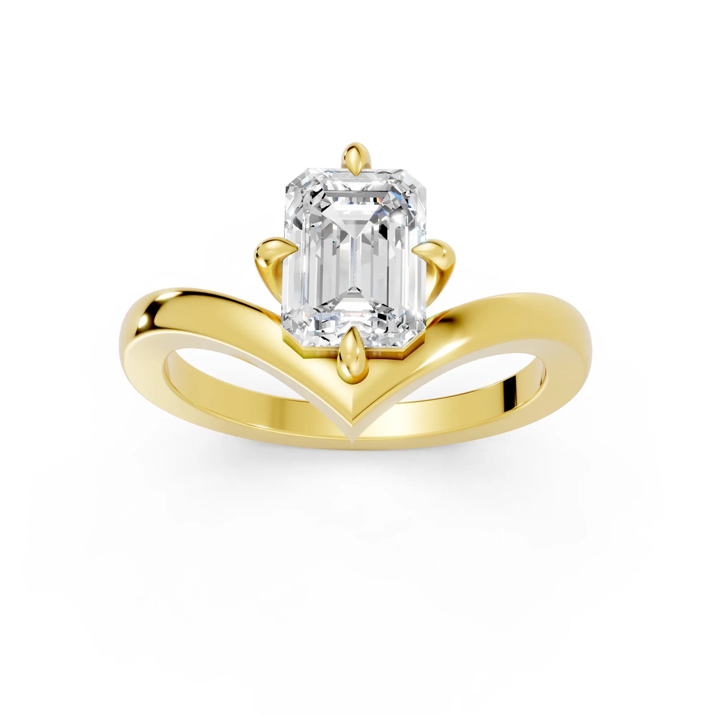 14K Gold Emerald Cut Diamond V Shape Engagement Ring