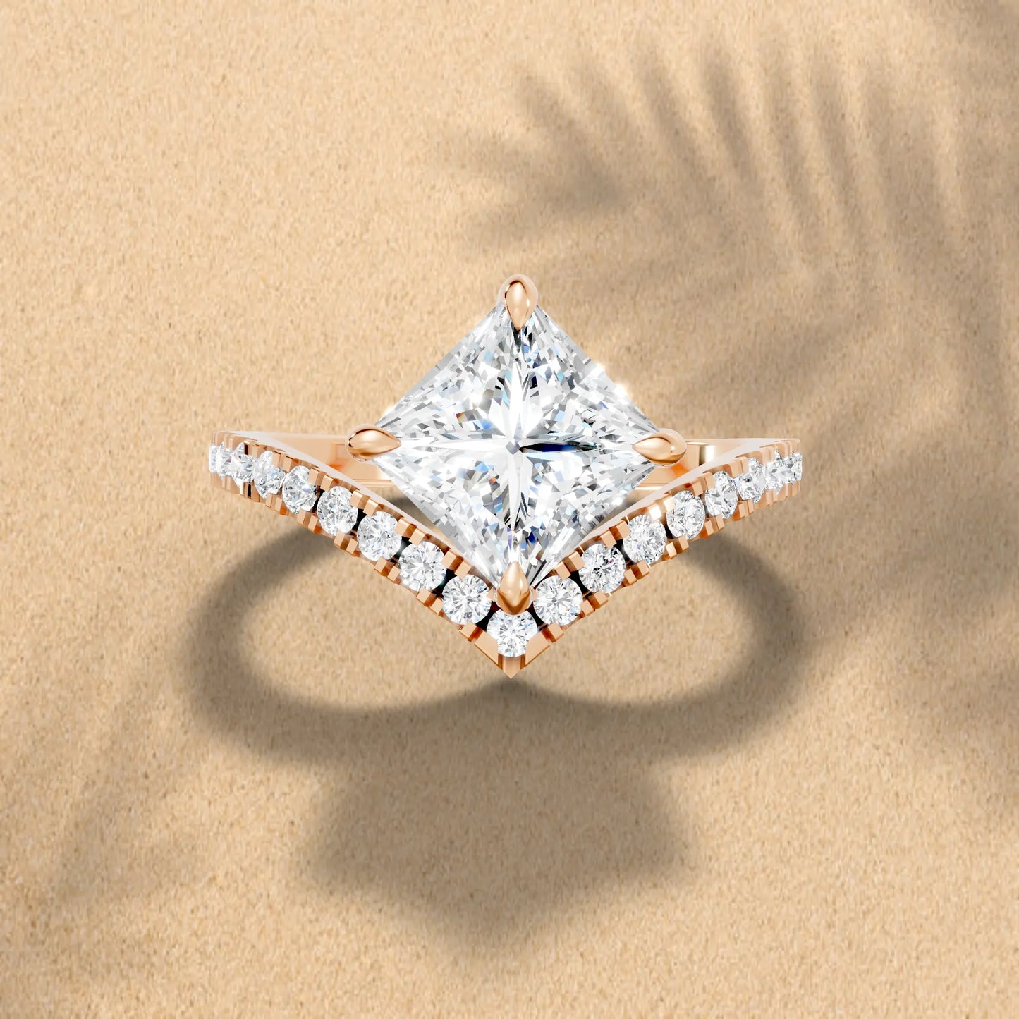 14K Gold Princess Cut Diamond V Shape Engagement Ring with Side Accents