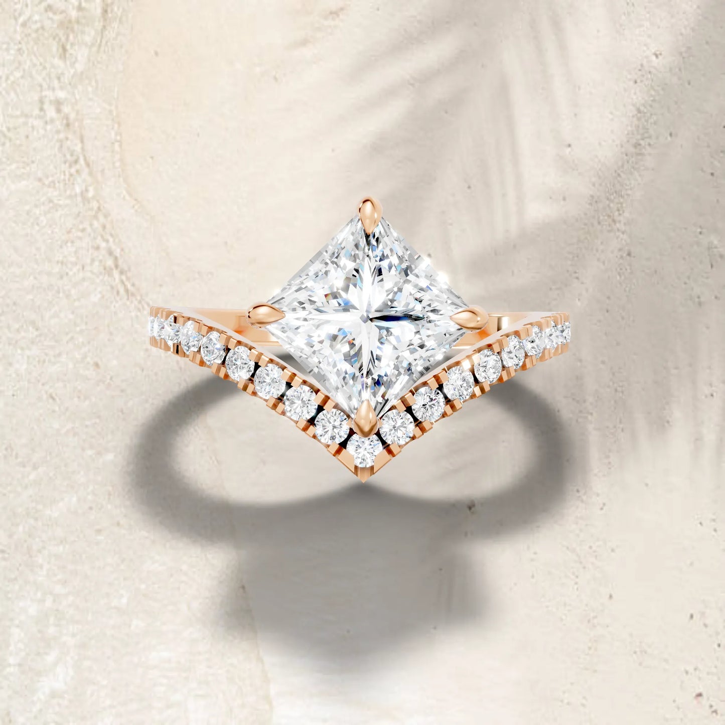 14K Gold Princess Cut Diamond V Shape Engagement Ring with Side Accents
