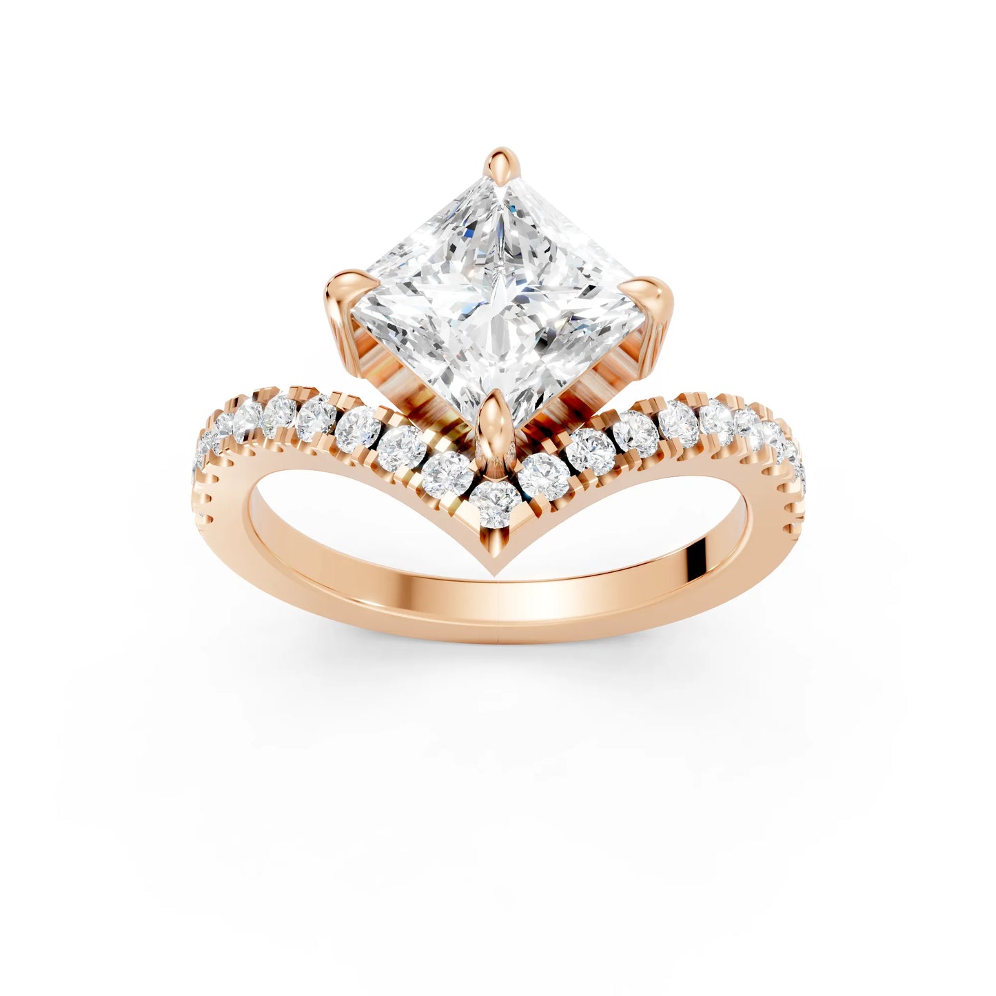 14K Gold Princess Cut Diamond V Shape Engagement Ring with Side Accents