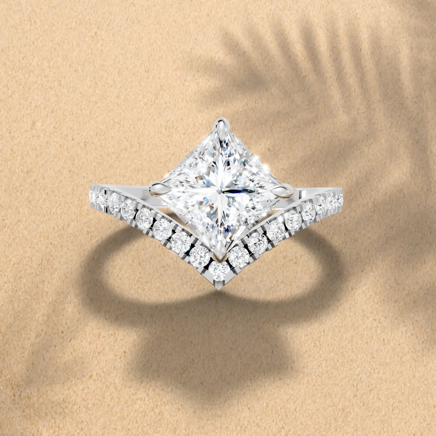 14K Gold Princess Cut Diamond V Shape Engagement Ring with Side Accents