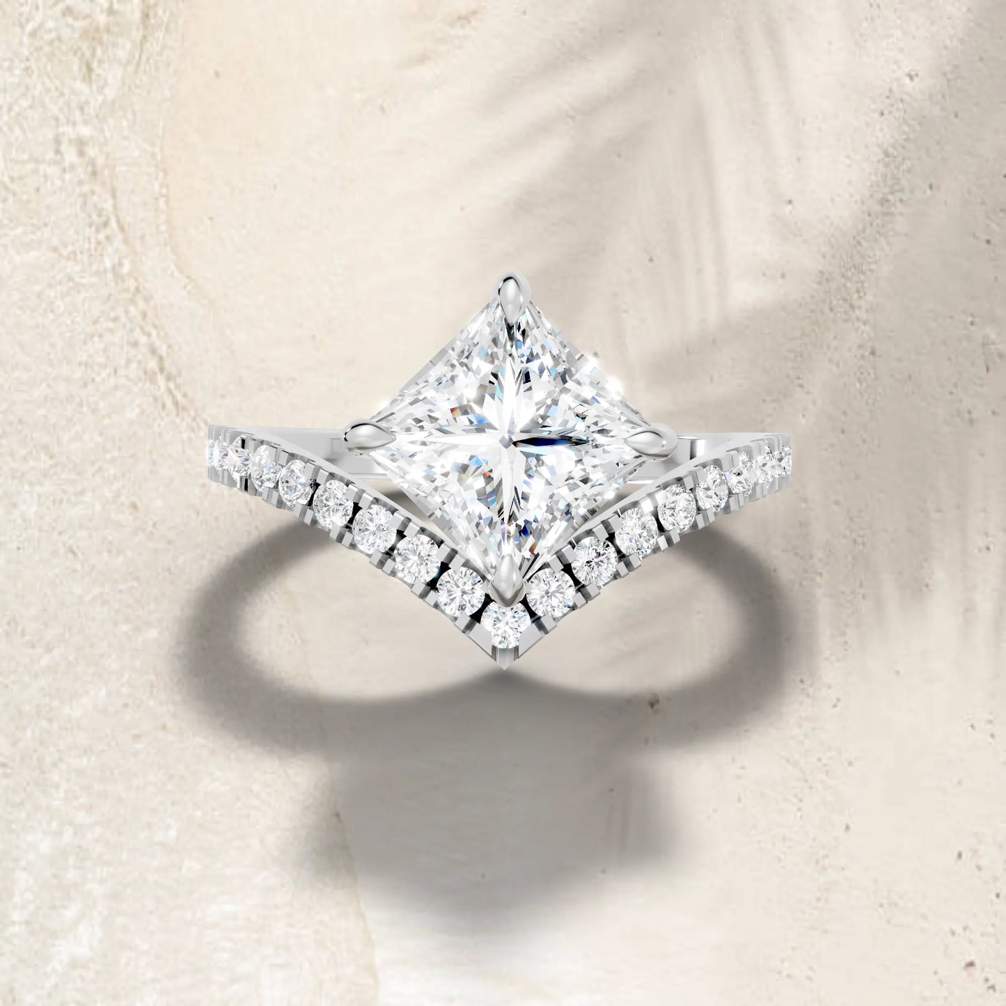 14K Gold Princess Cut Diamond V Shape Engagement Ring with Side Accents