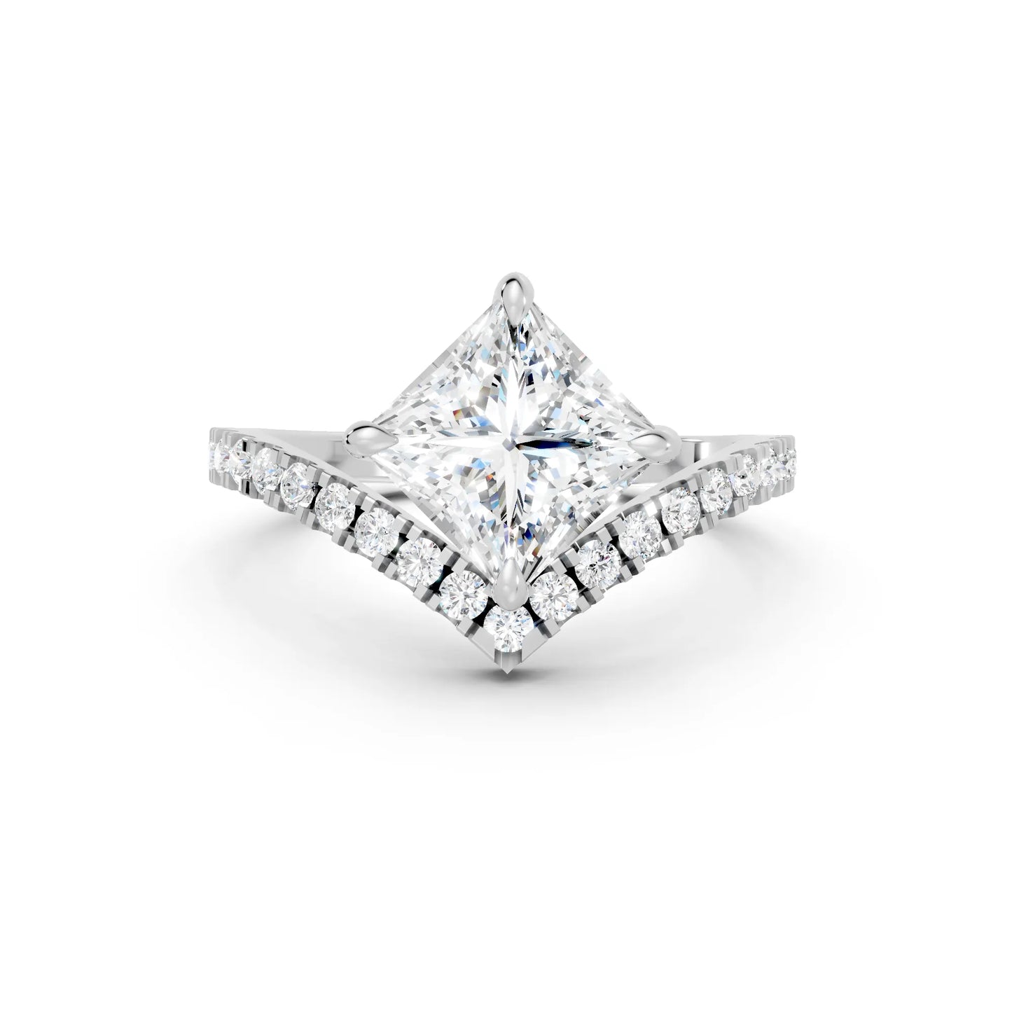 14K Gold Princess Cut Diamond V Shape Engagement Ring with Side Accents