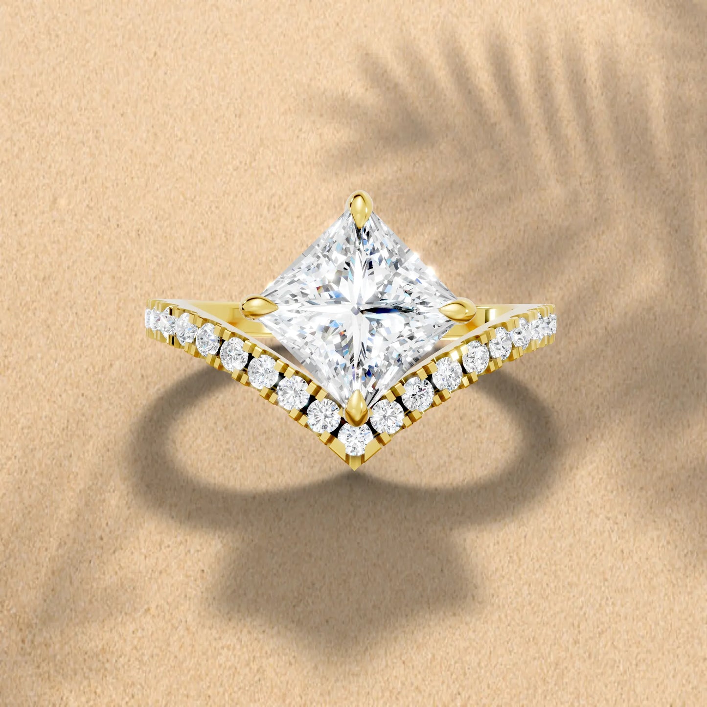 14K Gold Princess Cut Diamond V Shape Engagement Ring with Side Accents