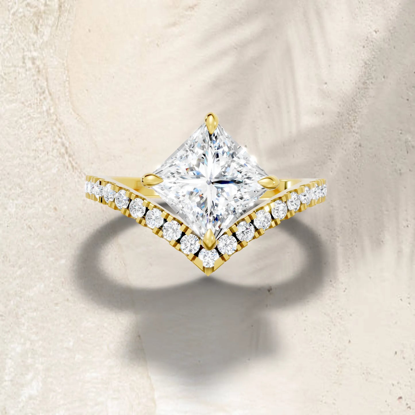 14K Gold Princess Cut Diamond V Shape Engagement Ring with Side Accents