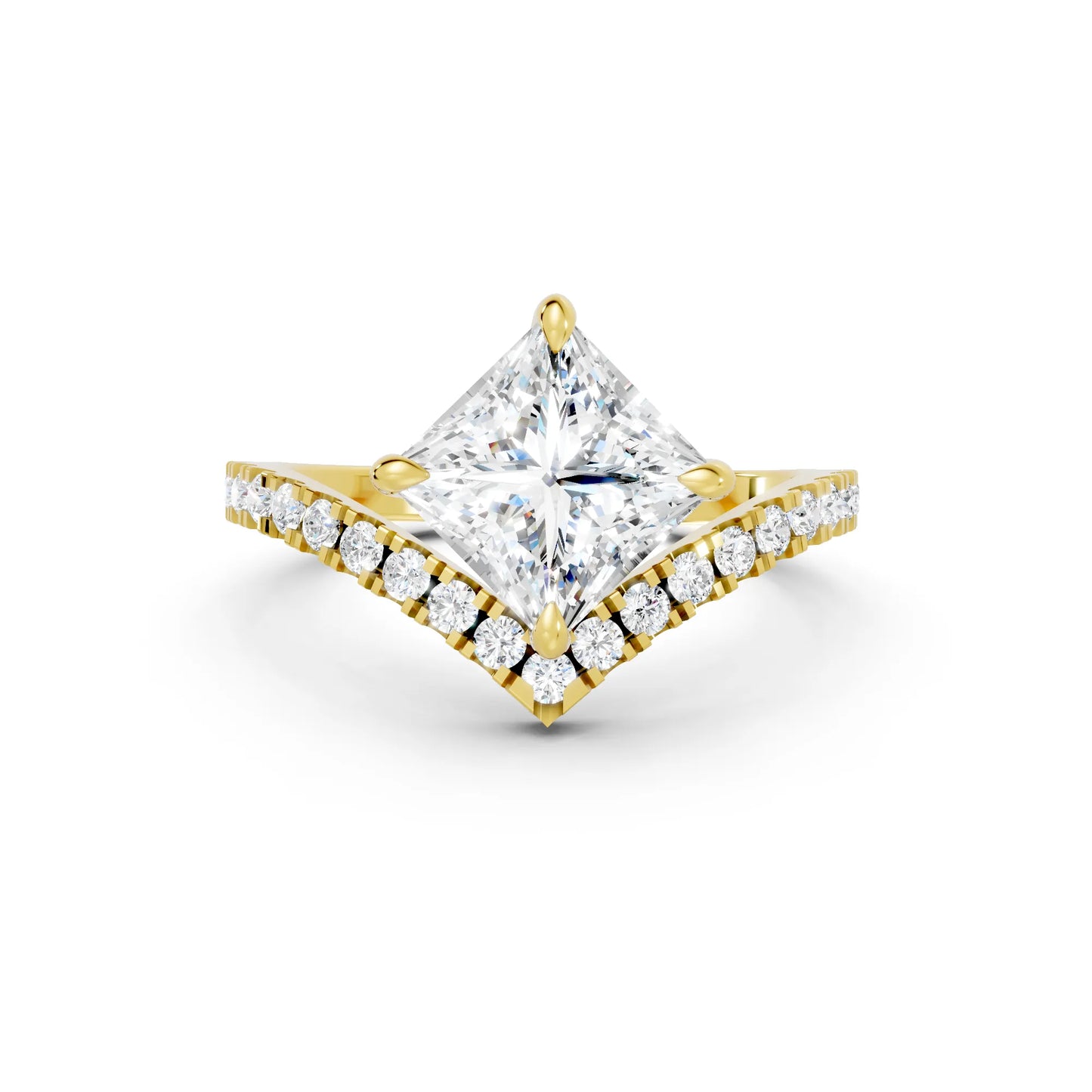 14K Gold Princess Cut Diamond V Shape Engagement Ring with Side Accents