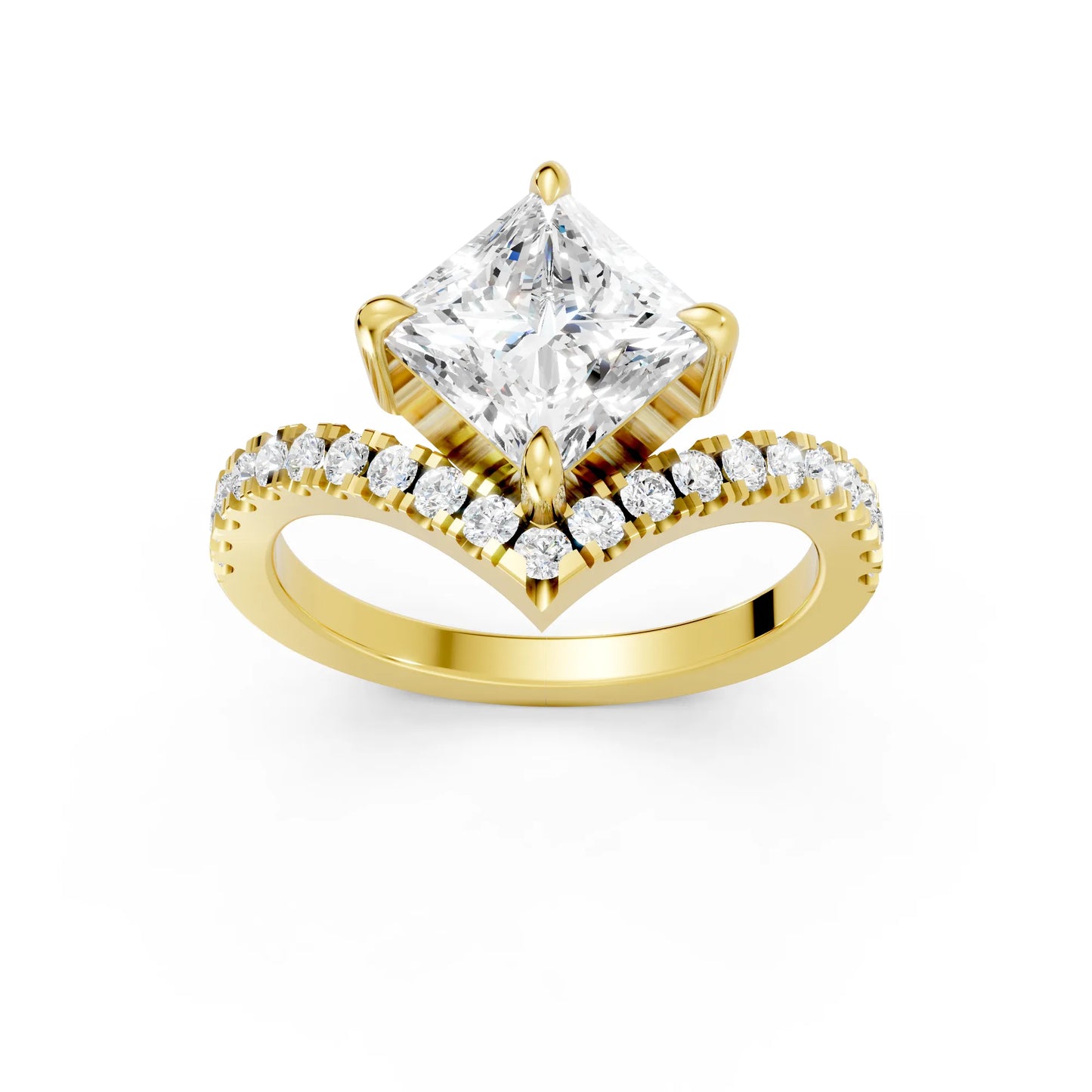 14K Gold Princess Cut Diamond V Shape Engagement Ring with Side Accents
