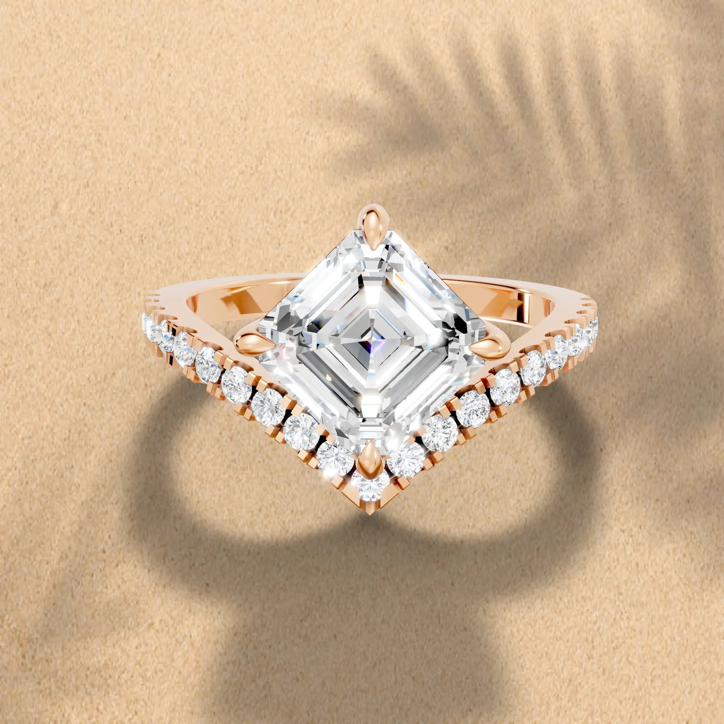 14K Gold Asscher Cut Diamond V Shape Engagement Ring