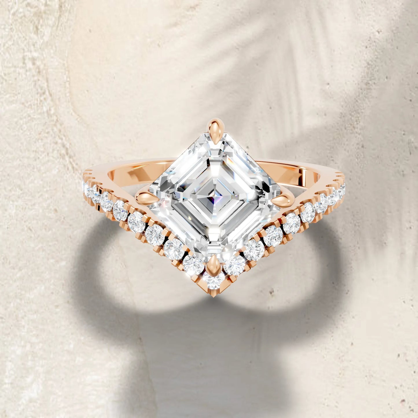 14K Gold Asscher Cut Diamond V Shape Engagement Ring