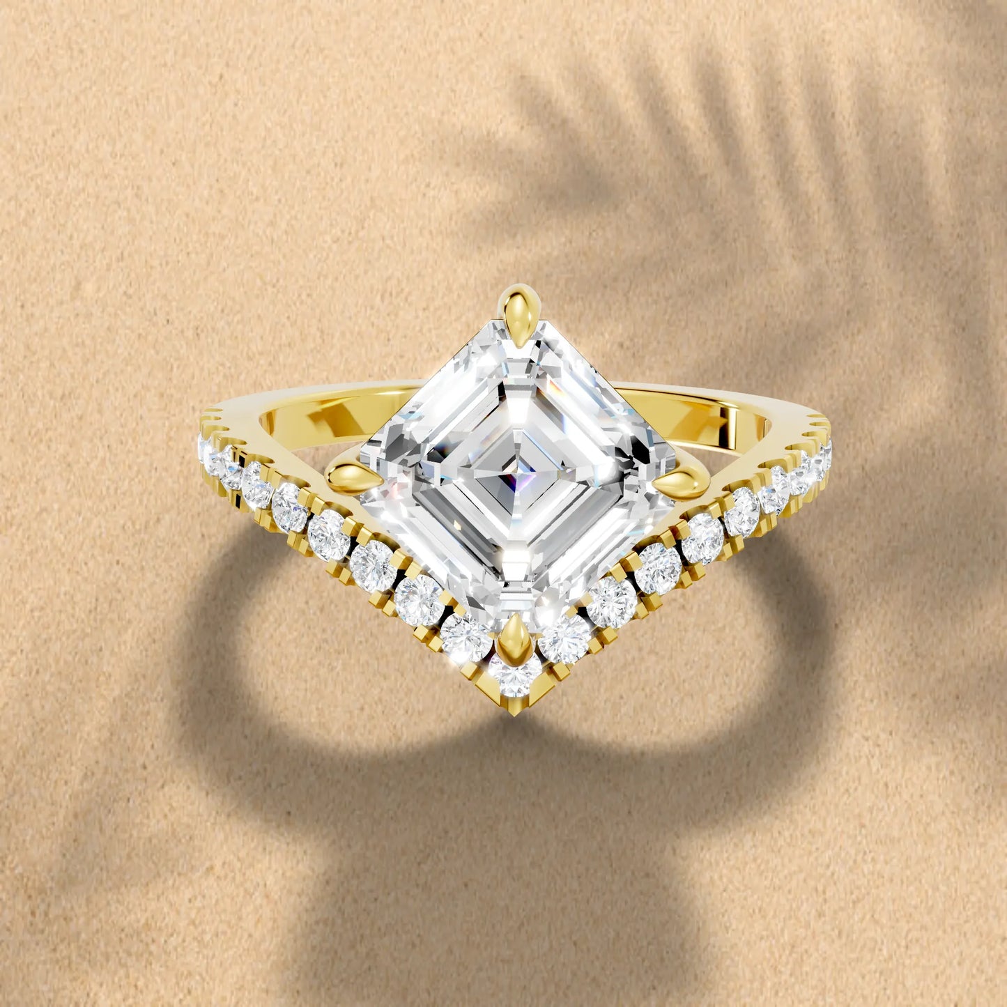 14K Gold Asscher Cut Diamond V Shape Engagement Ring
