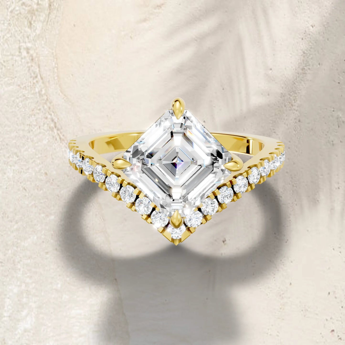14K Gold Asscher Cut Diamond V Shape Engagement Ring