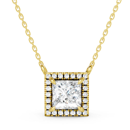 18K Gold Princess Cut Diamond Halo Necklace