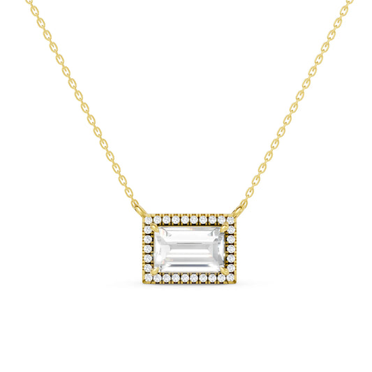 18K Gold Baguette Cut Diamond Halo Necklace