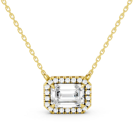 18K Gold Emerald Cut Diamond Halo Necklace