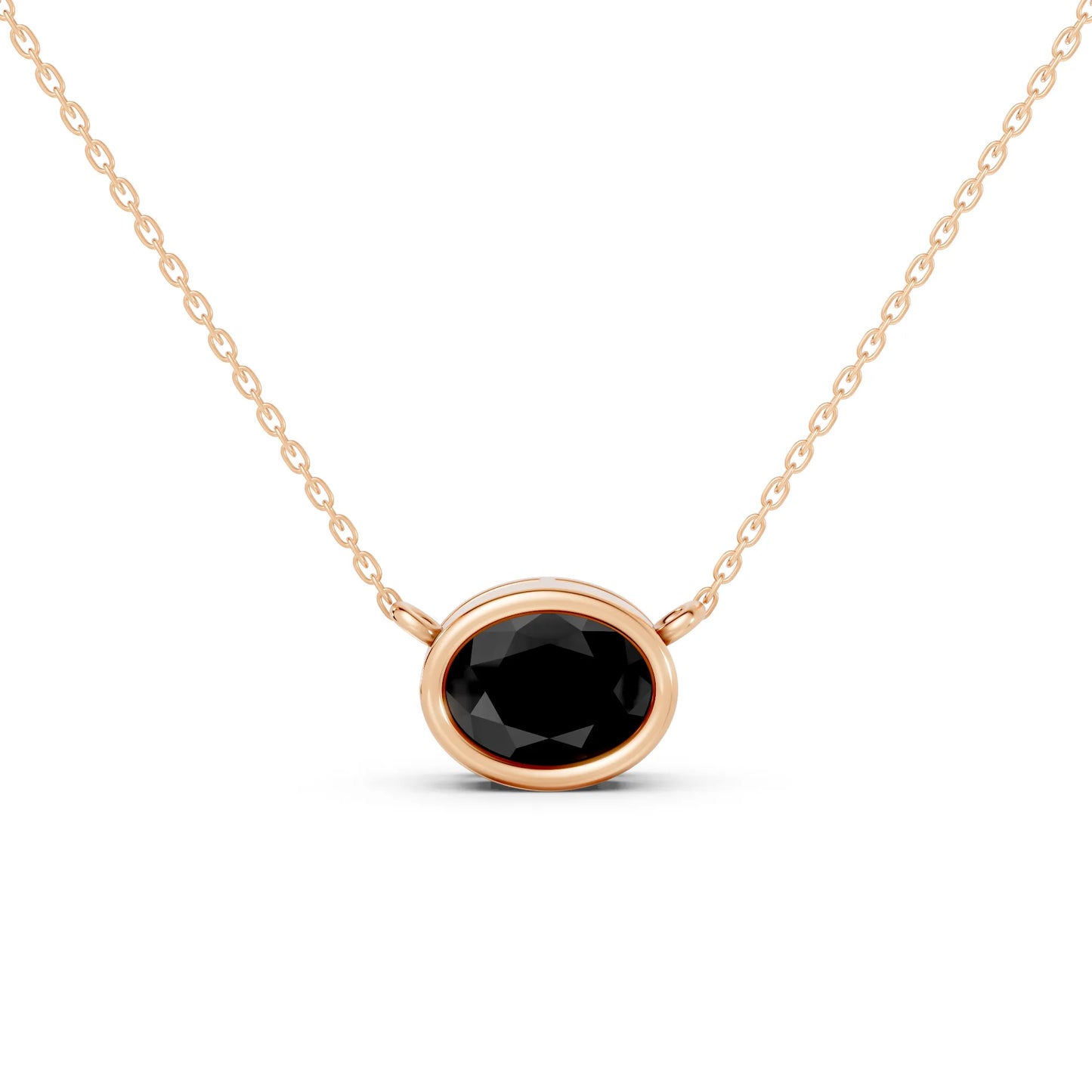 18K Gold Oval Cut Black Diamond East - West Bezel Necklace
