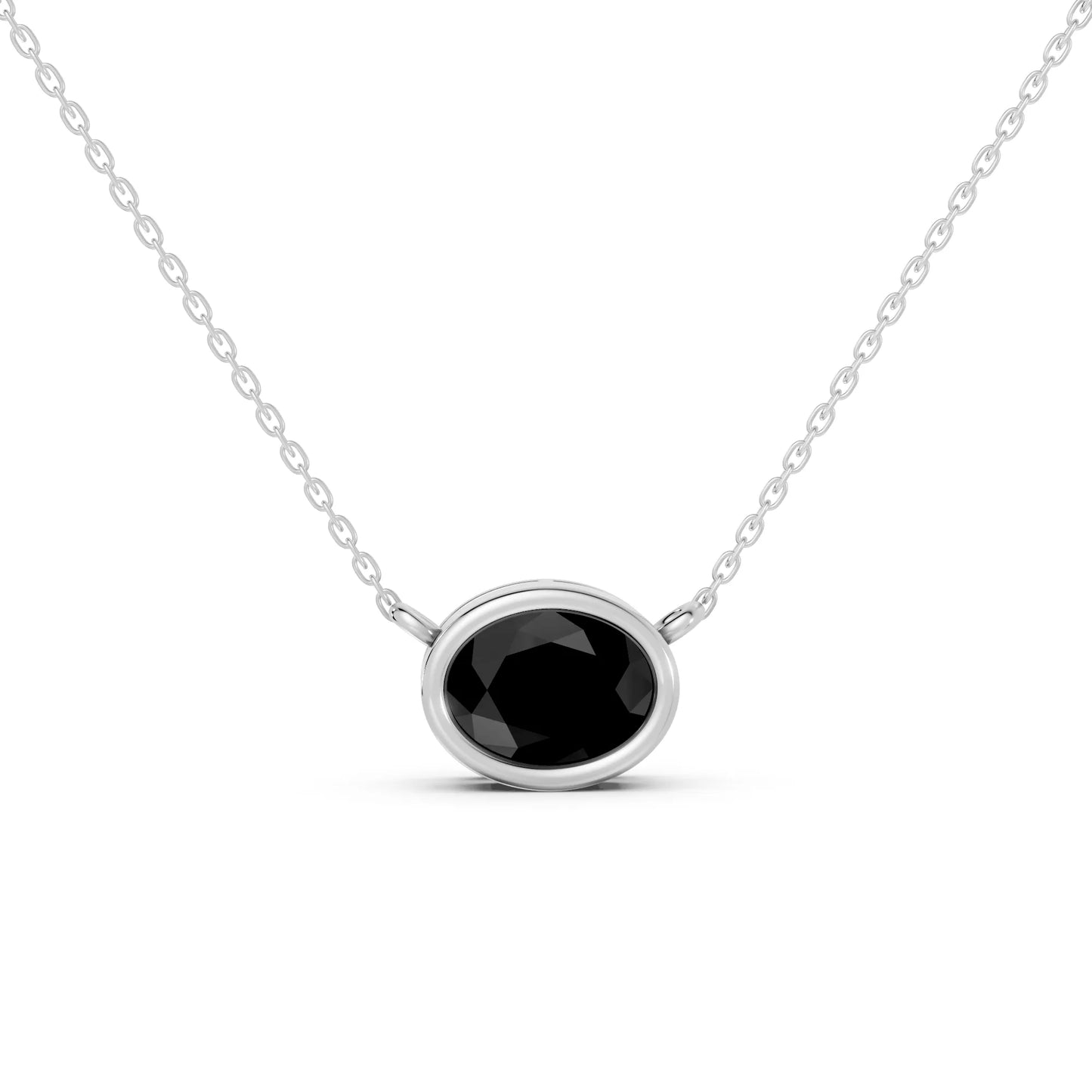 18K Gold Oval Cut Black Diamond East - West Bezel Necklace