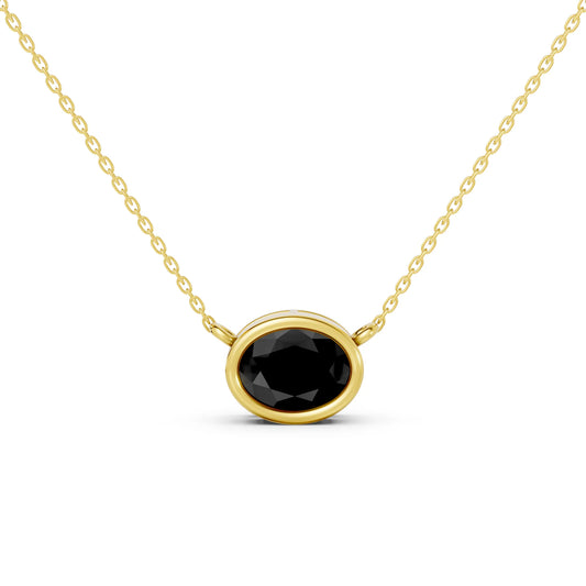 18K Gold Oval Cut Black Diamond East - West Bezel Necklace