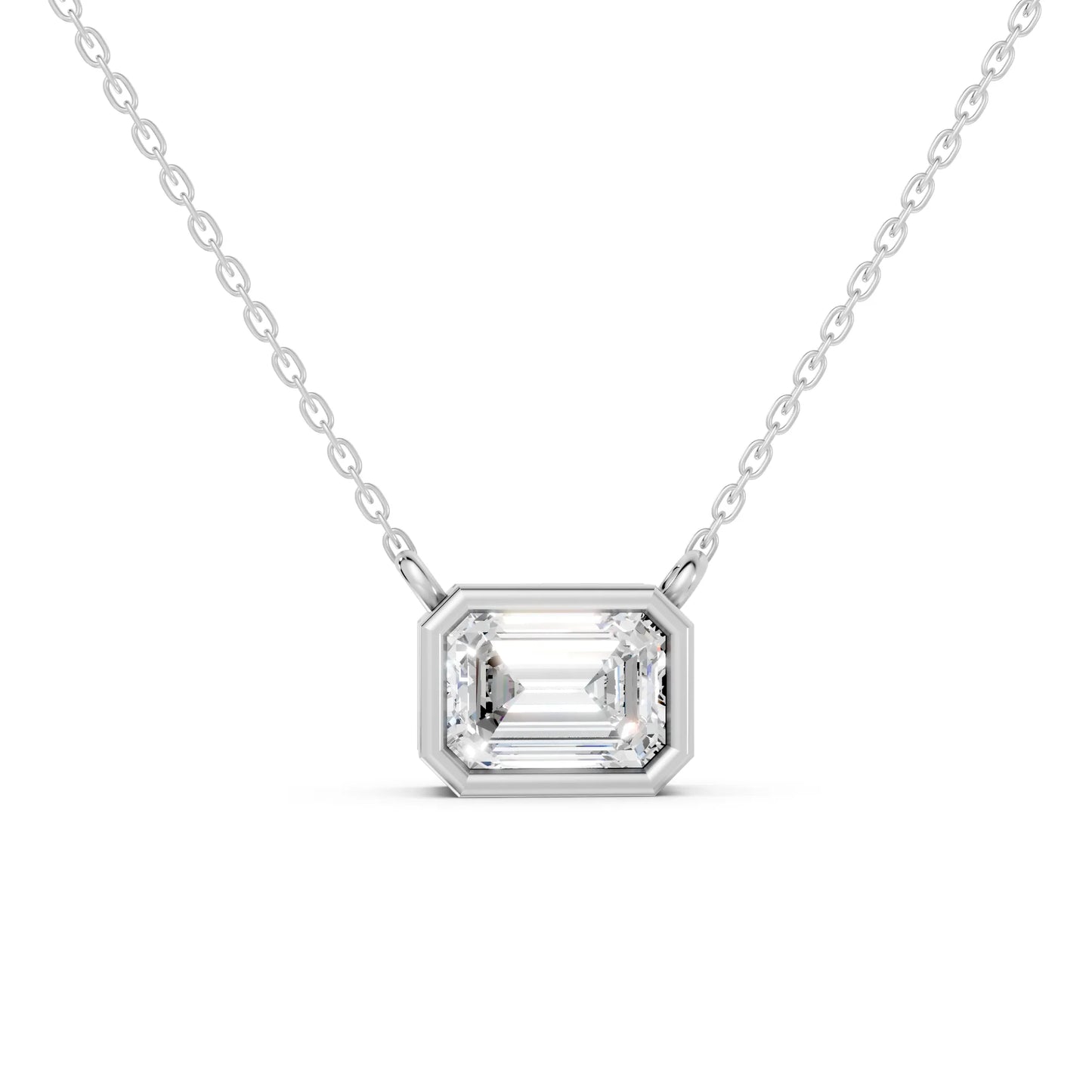 18K Gold Emerald Cut Diamond East - West Bezel Necklace