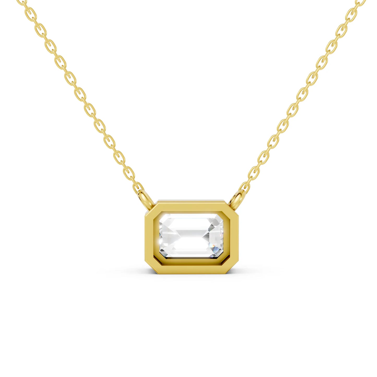 18K Gold Emerald Cut Diamond East - West Bezel Necklace