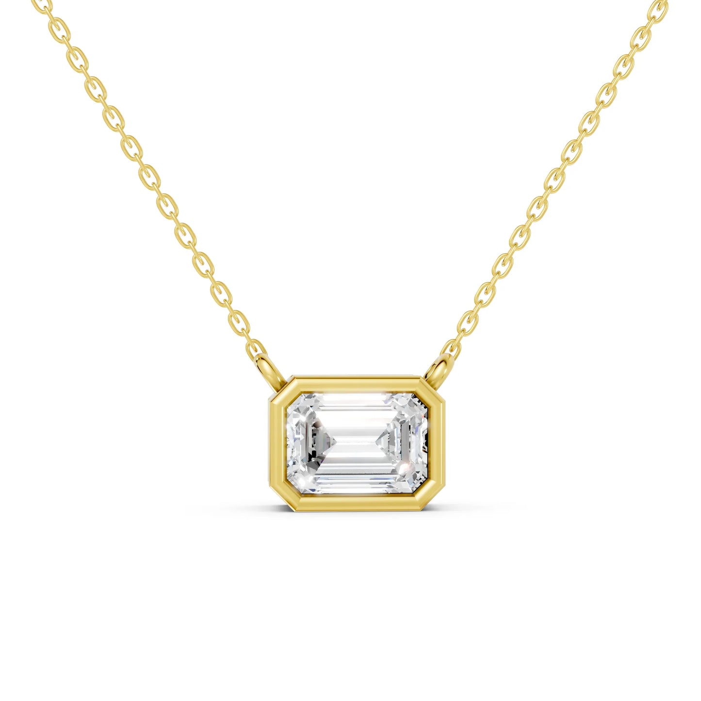 18K Gold Emerald Cut Diamond East - West Bezel Necklace