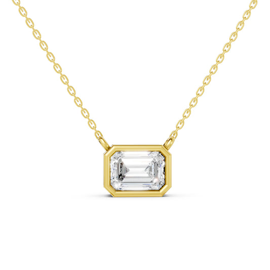 18K Gold Emerald Cut Diamond East - West Bezel Necklace