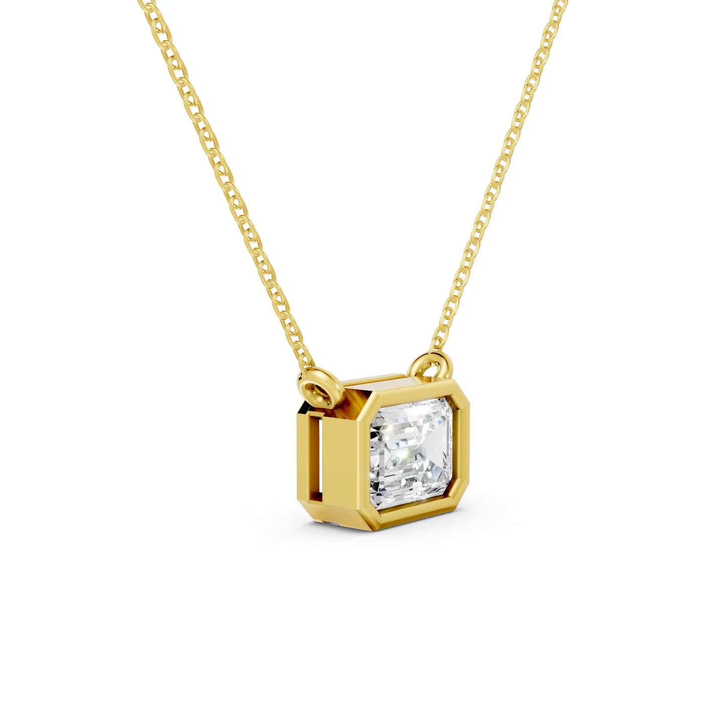 18K Gold Emerald Cut Diamond East - West Bezel Necklace