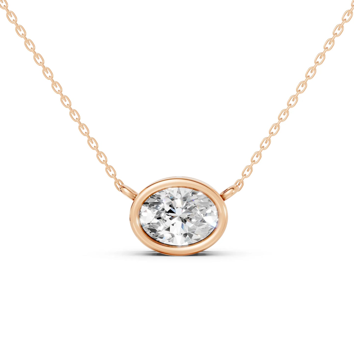 18K Gold Oval Cut Diamond East - West Bezel Necklace