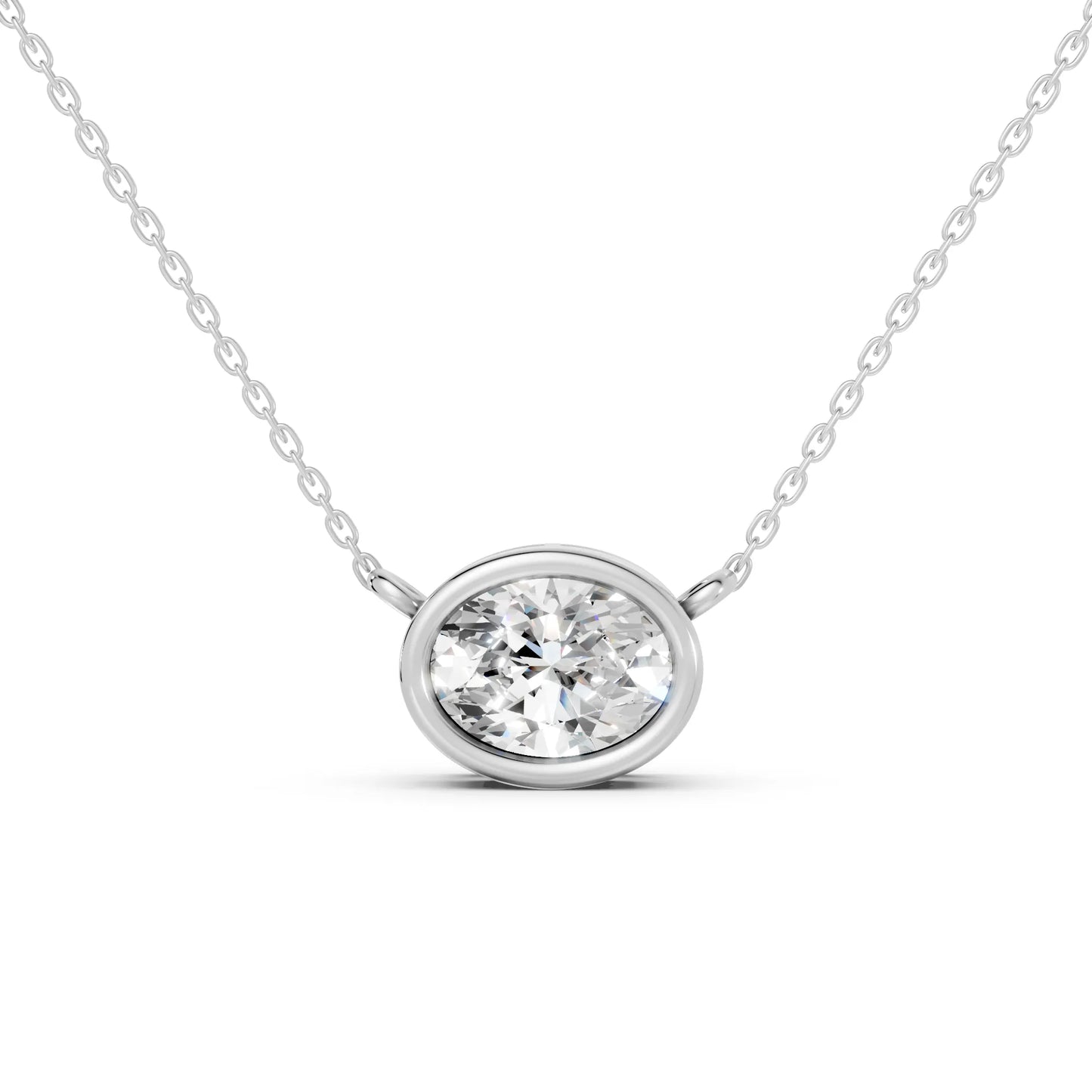18K Gold Oval Cut Diamond East - West Bezel Necklace