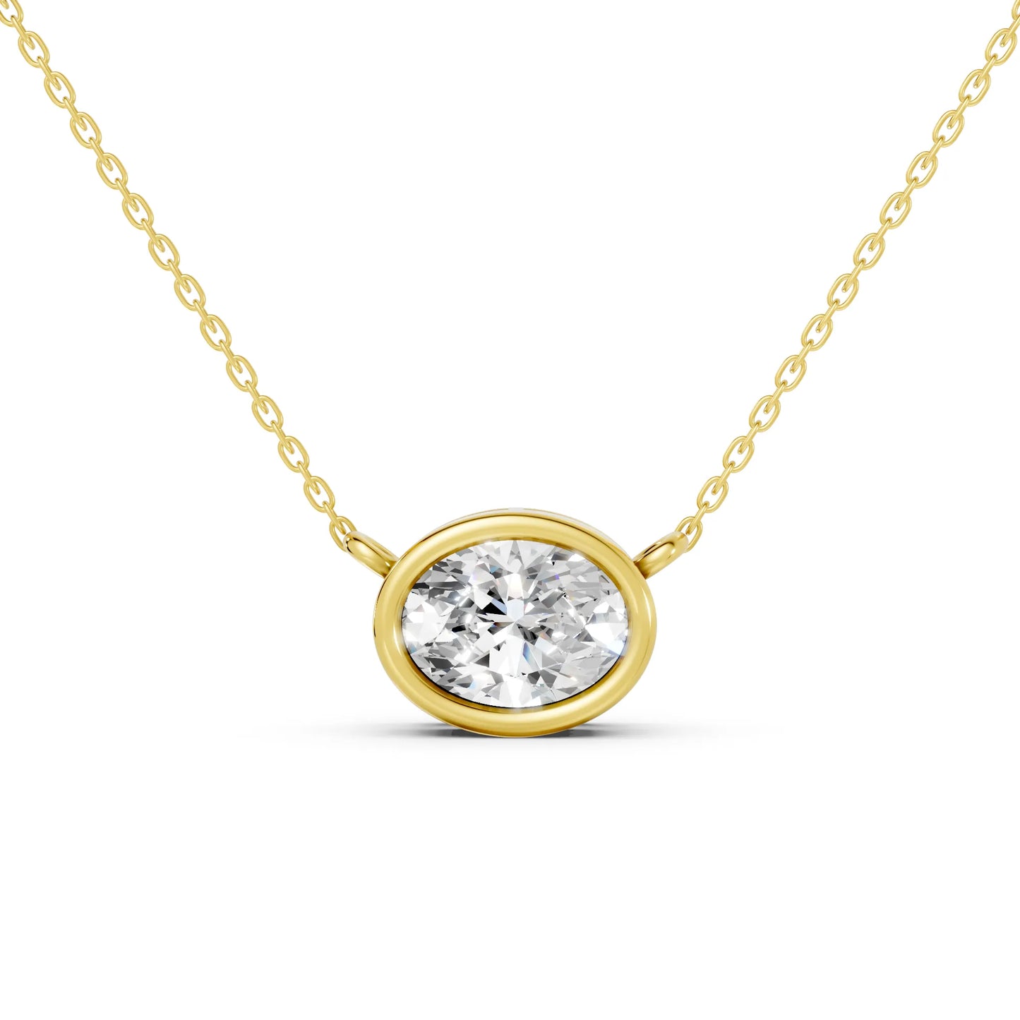 18K Gold Oval Cut Diamond East - West Bezel Necklace