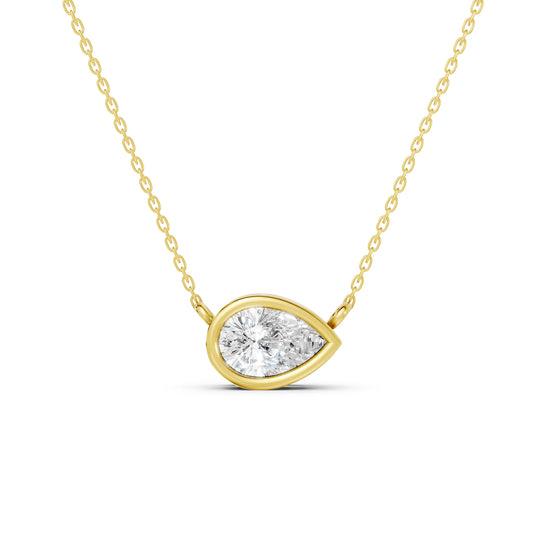 18K Gold Pear Cut Diamond East - West Bezel Necklace