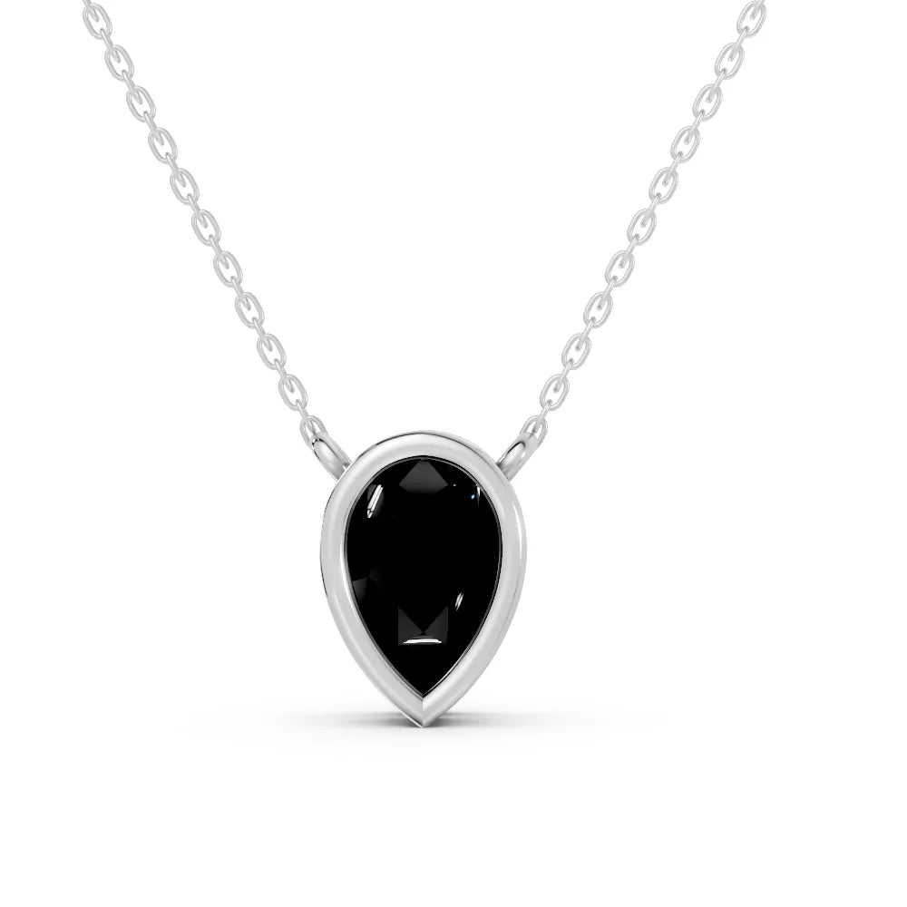 18K Gold Pear Cut Black Diamond Bezel Necklace