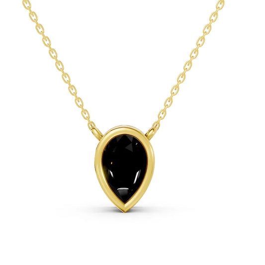 18K Gold Pear Cut Black Diamond Bezel Necklace