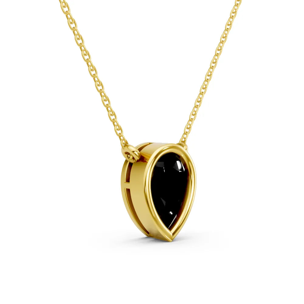 18K Gold Pear Cut Black Diamond Bezel Necklace